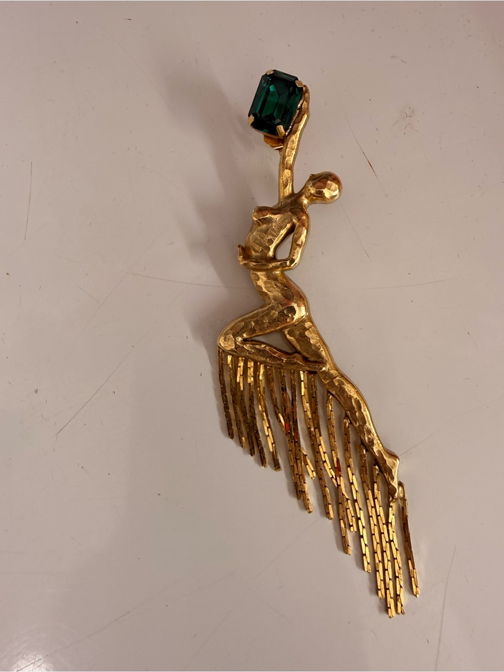 Gold-Tone Dancer Fringe Drop Earring with Emerald Green Stone